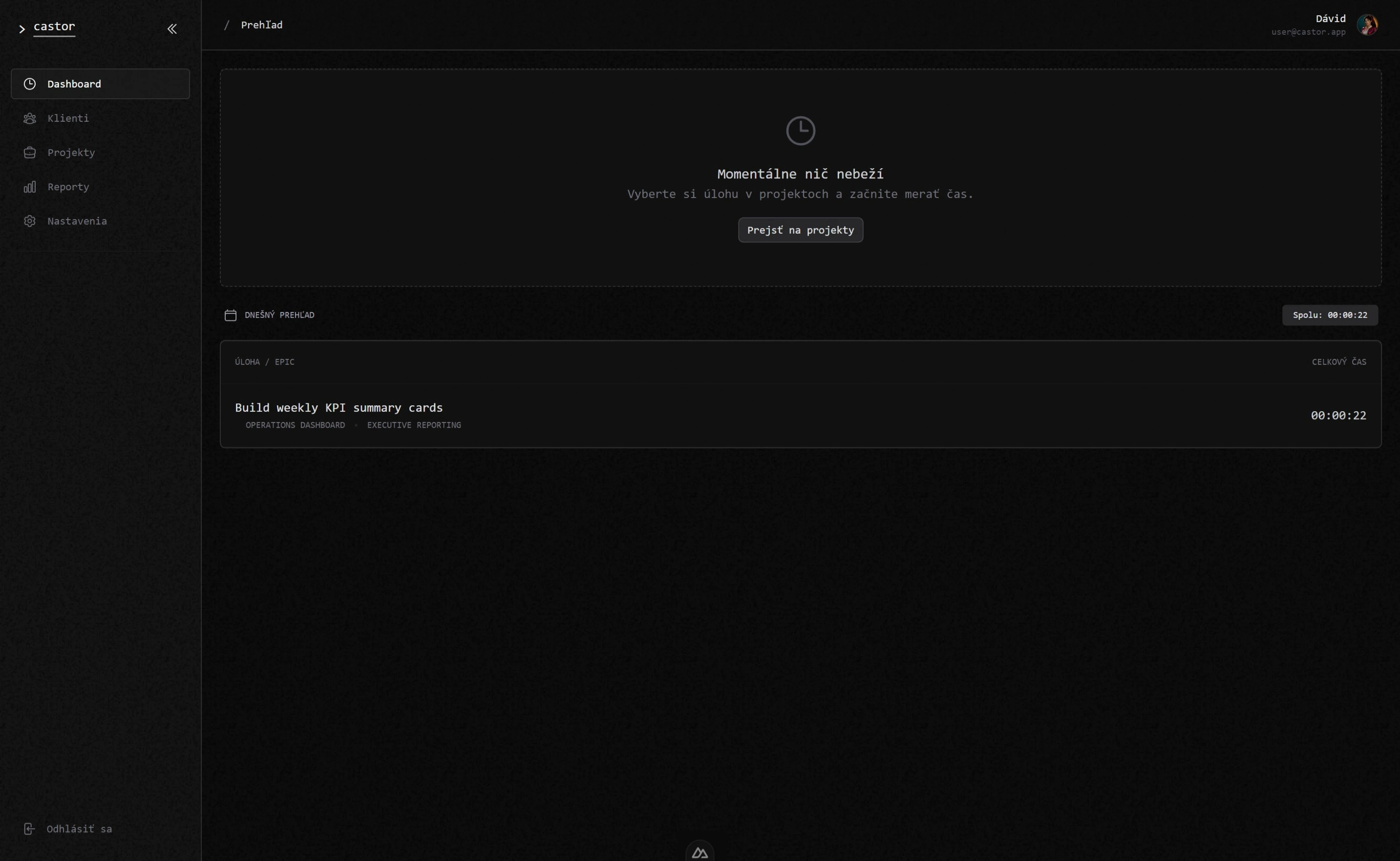 Screenshot hlavného dashboardu Castor
